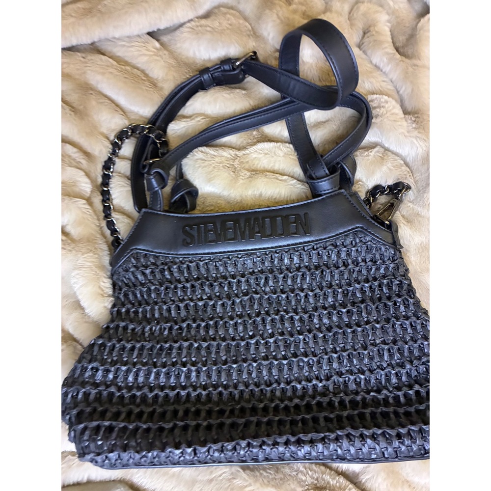 Steve Madden Black Woven Raffia Tote Bag Crossbody Logo Chain Strap Mens Womens